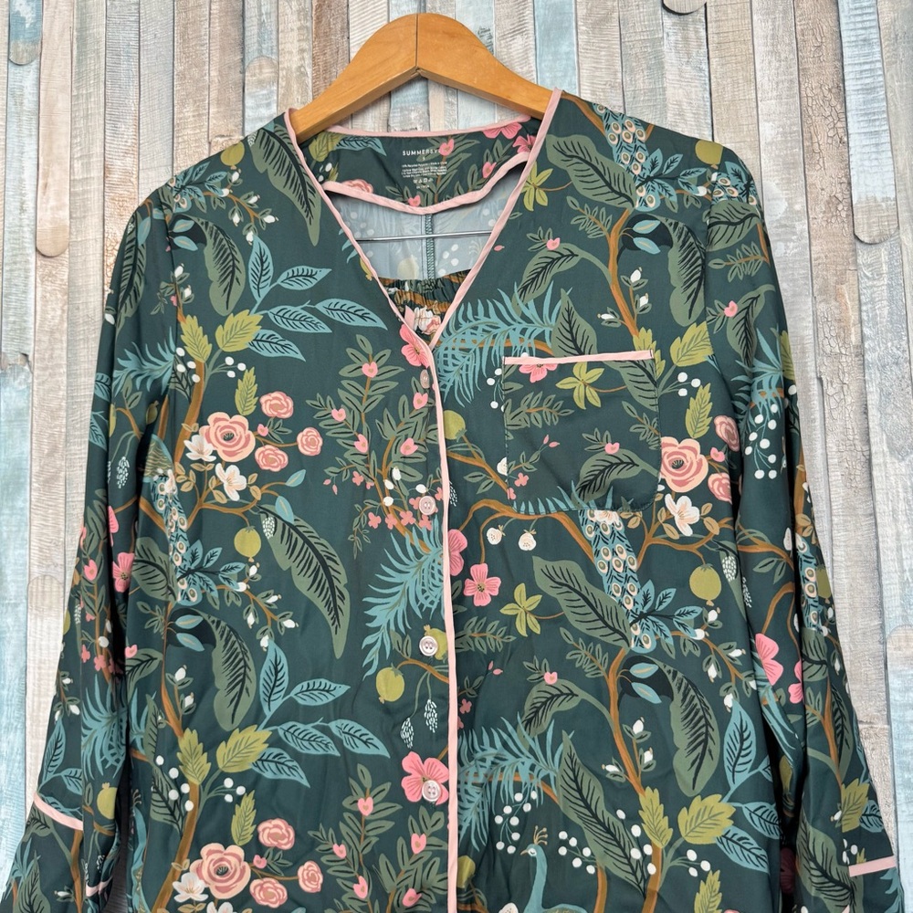 Rifle Paper Co. Forest Green Floral Satin Pajama Set with Pink Trim - Picture 5 of 12
